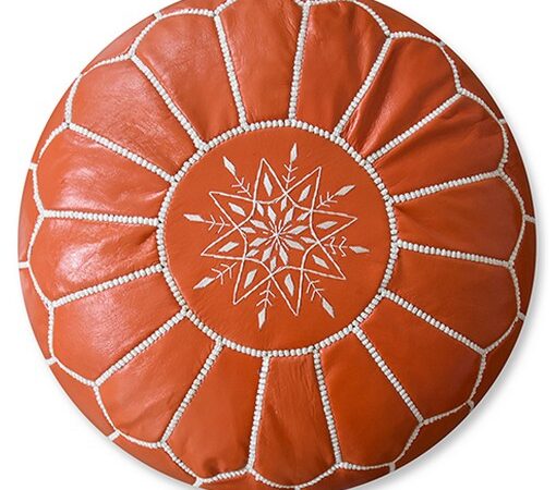 Leather Pouffe – Orange and White | 55x35 cm Handcrafted Round Ottoman