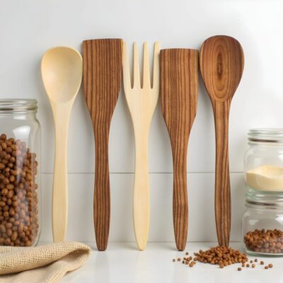 Handmade Decorative Wooden Spoon and Fork Set – 6-Piece Boho Chic Lemon Wood (12″)