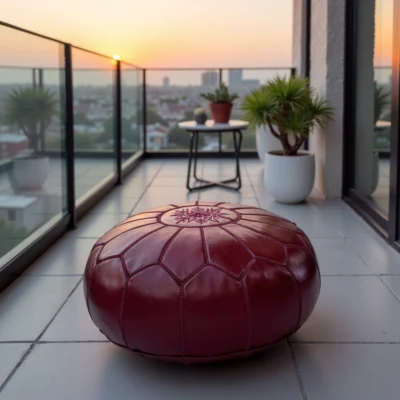Deep Red Moroccan Leather Pouf – Handcrafted Round Ottoman (21″ × 12″)