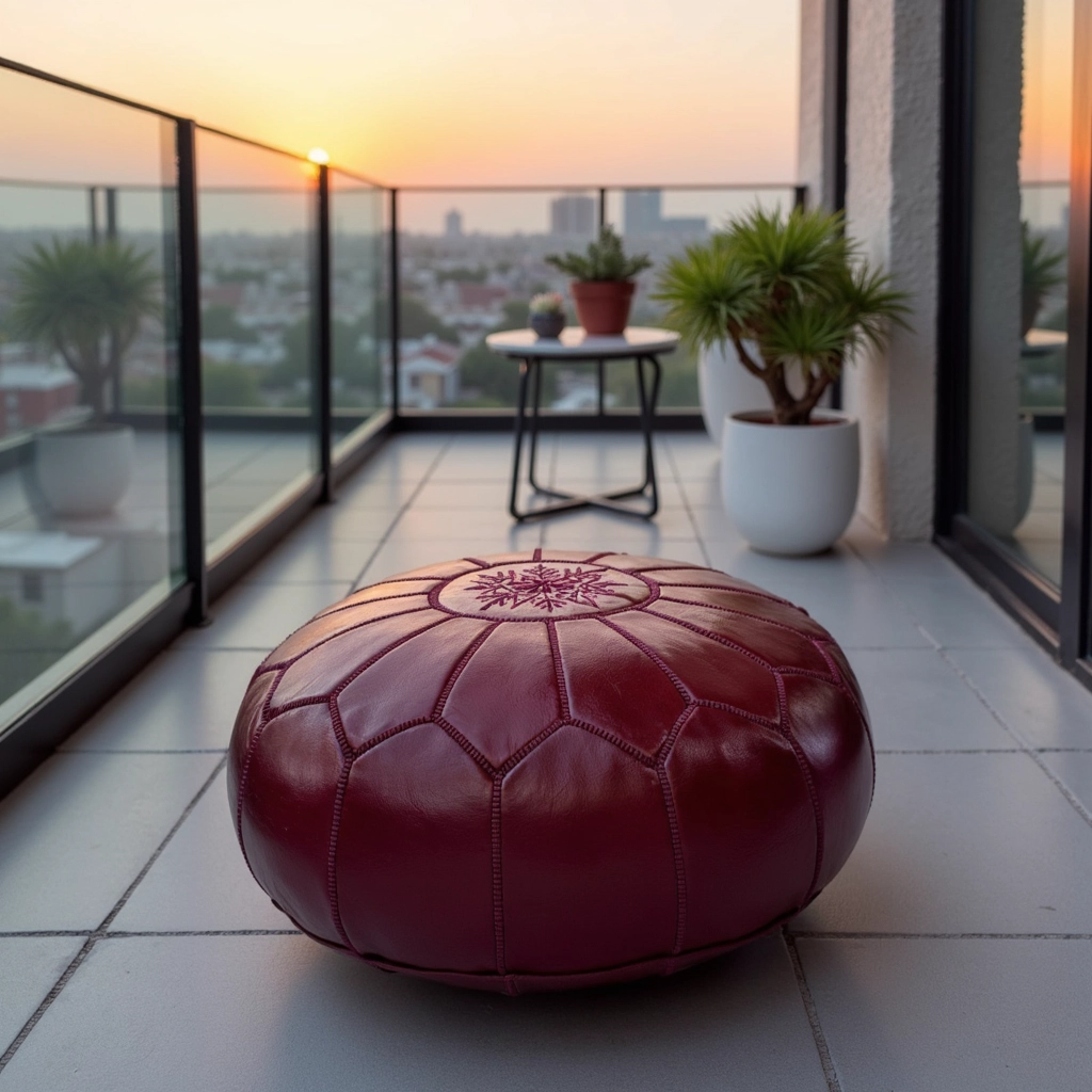 Deep Red Moroccan Leather Pouf – Handcrafted Round Ottoman (21″ × 12″)