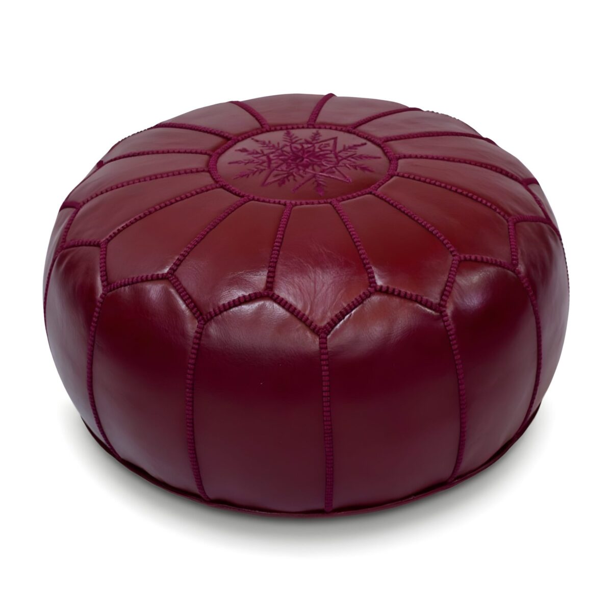 Deep Red Moroccan Leather Pouf – Handcrafted Round Ottoman (21″ × 12″)