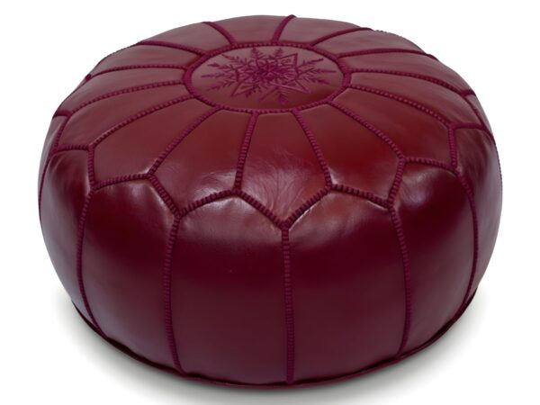 Deep-Red-Leather-Pouf-Round-2.jpg Deep Red Moroccan Leather Pouf – Handcrafted Round Ottoman (21″ × 12″)