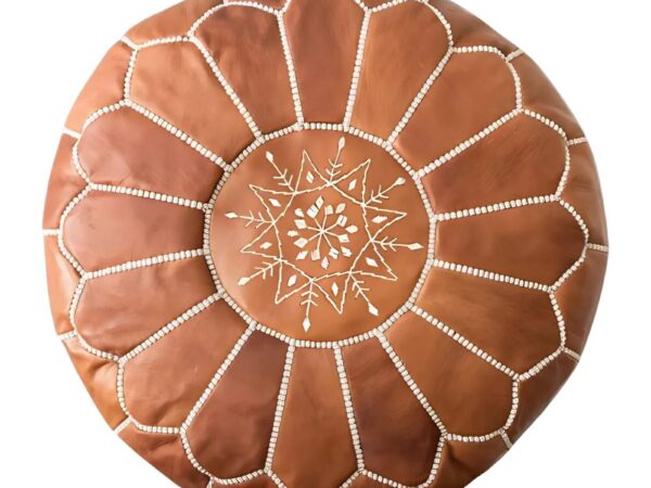 Handcrafted Tan Leather Pouf – Moroccan Ottoman with Snowflake Embroidery (21″ × 12″)