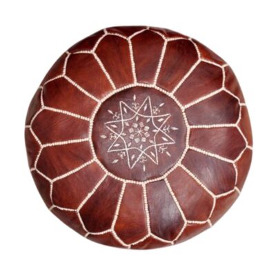 Brown Round Leather Pouf – Handstitched Moroccan Ottoman (21″ × 12″)