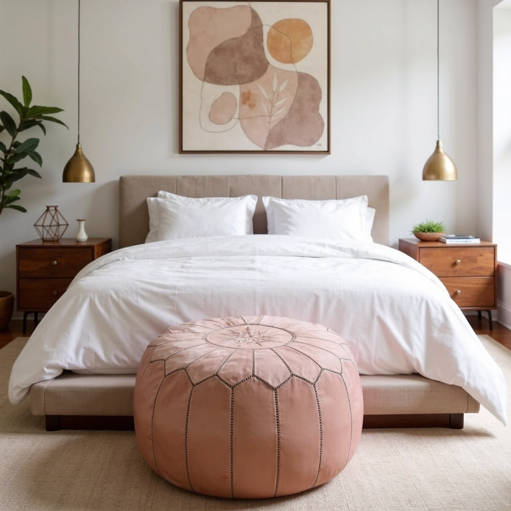 Pink Moroccan Leather Pouf Ottoman – Handcrafted Round (21″ × 12″) with Starburst Stitching
