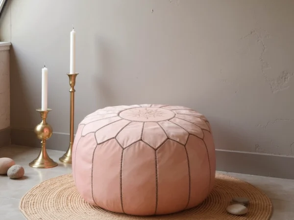 Pink Moroccan Leather Pouf Ottoman – Handcrafted Round (21″ × 12″) with Starburst Stitching