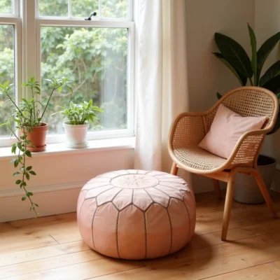 Pink Moroccan Leather Pouf Ottoman – Handcrafted Round (21″ × 12″) with Starburst Stitching