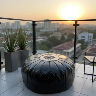 Black Moroccan Leather Pouf – Handcrafted Round Ottoman with Tone-on-Tone Stitching (21″ × 12″)