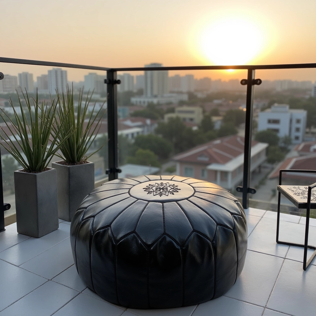 Black Moroccan Leather Pouf – Handcrafted Round Ottoman with Tone-on-Tone Stitching (21″ × 12″)