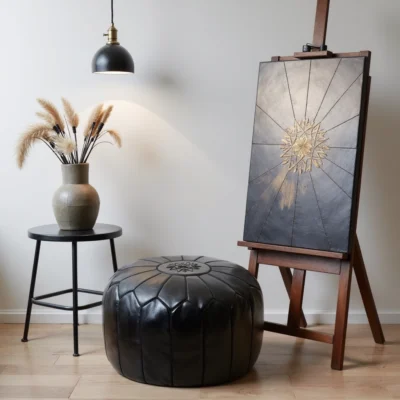 Black Moroccan Leather Pouf – Handcrafted Round Ottoman with Tone-on-Tone Stitching (21″ × 12″)