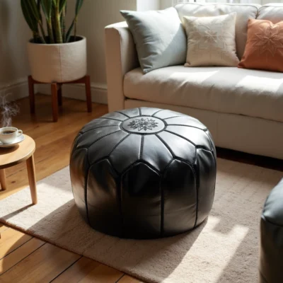 Black Moroccan Leather Pouf – Handcrafted Round Ottoman with Tone-on-Tone Stitching (21″ × 12″)