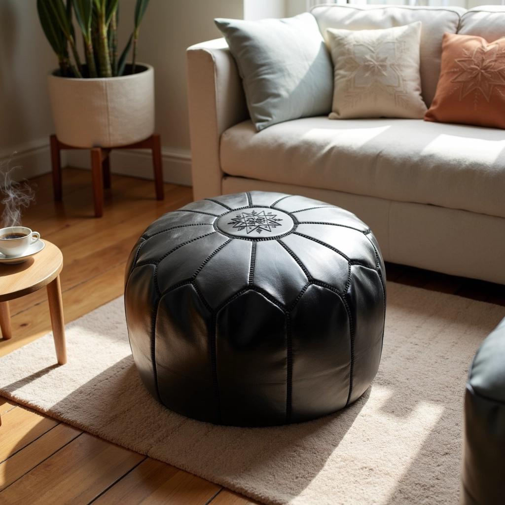 Black Moroccan Leather Pouf – Handcrafted Round Ottoman with Tone-on-Tone Stitching (21″ × 12″)