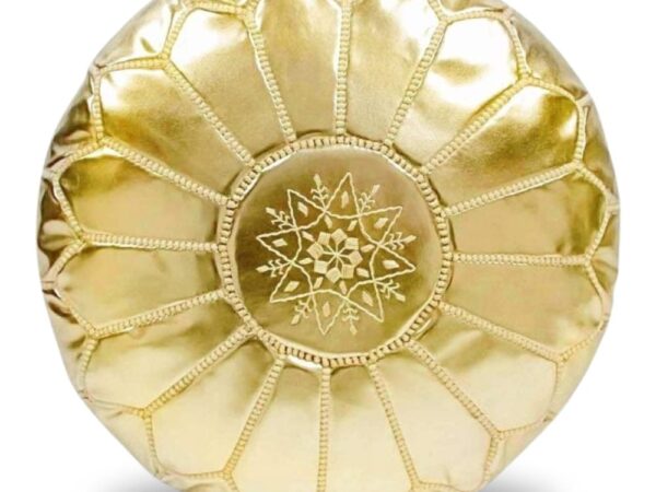 Handcrafted-Moroccan-Leather-Pouf-Gold-1.jpg Gold Moroccan Leather Pouf – Handcrafted Round Ottoman with Matching Embroidery (21″ × 12″)