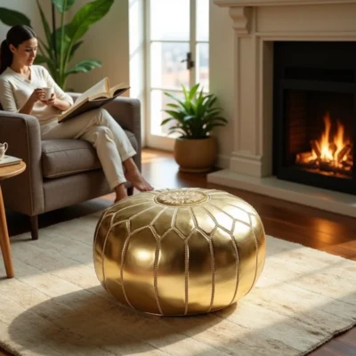 Gold Moroccan Leather Pouf – Handcrafted Round Ottoman with Matching Embroidery (21″ × 12″)