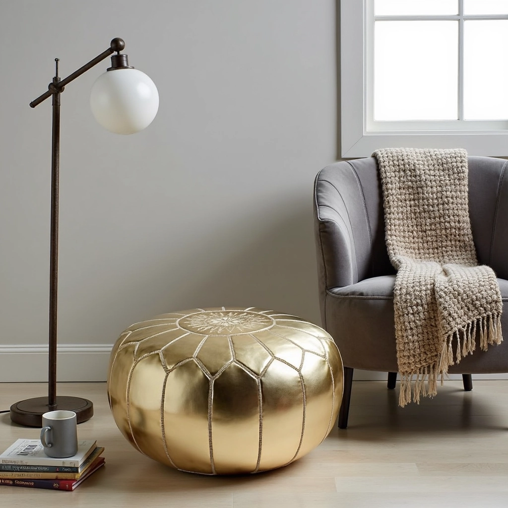 Gold Moroccan Leather Pouf – Handcrafted Round Ottoman with Matching Embroidery (21″ × 12″)