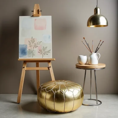 Gold Moroccan Leather Pouf – Handcrafted Round Ottoman with Matching Embroidery (21″ × 12″)