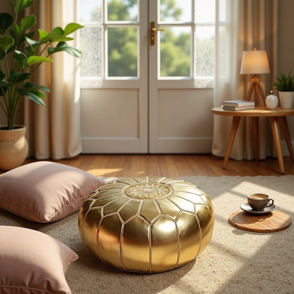 Gold Moroccan Leather Pouf – Handcrafted Round Ottoman with Matching Embroidery (21″ × 12″)