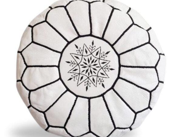 White Moroccan Leather Pouf – Handcrafted Ottoman with Custom Stitching (20″ × 12″)