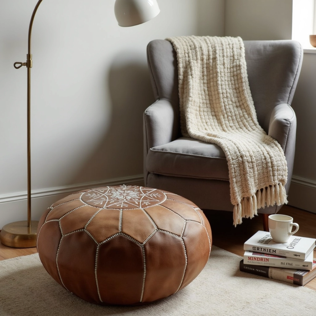 Natural Leather Moroccan Pouf – Handcrafted Round Ottoman (21″ × 12″)