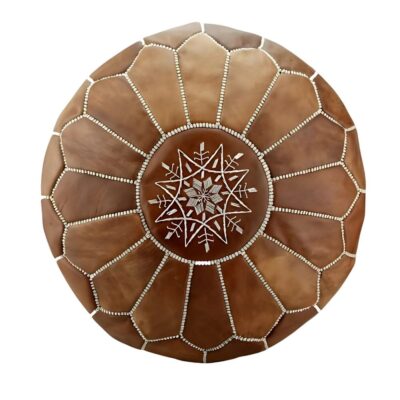 Natural Leather Moroccan Pouf – Handcrafted Round Ottoman (21″ × 12″)
