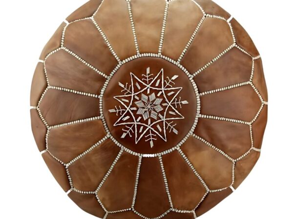 Natural Leather Moroccan Pouf – Handcrafted Round Ottoman (21″ × 12″)