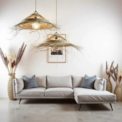 Oversized Palm Leaf Pendant Light – 30″ Handwoven Moroccan Boho Ceiling Lamp