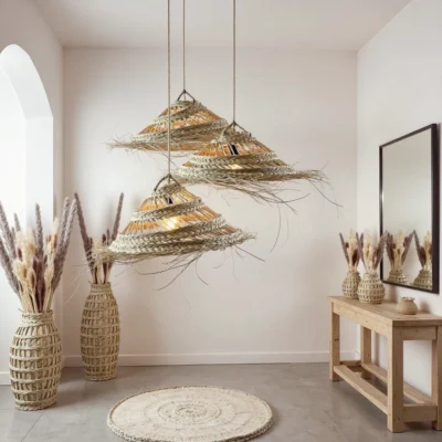 Oversized Palm Leaf Pendant Light – 30″ Handwoven Moroccan Boho Ceiling Lamp