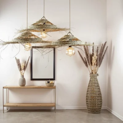 Oversized Palm Leaf Pendant Light – 30″ Handwoven Moroccan Boho Ceiling Lamp