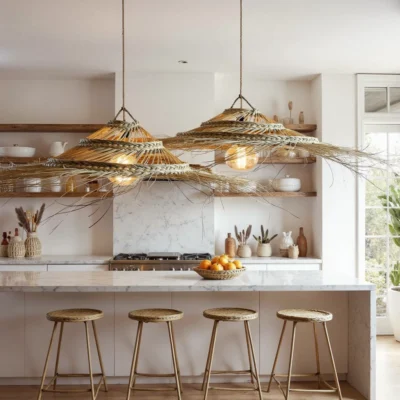 Oversized Palm Leaf Pendant Light – 30″ Handwoven Moroccan Boho Ceiling Lamp