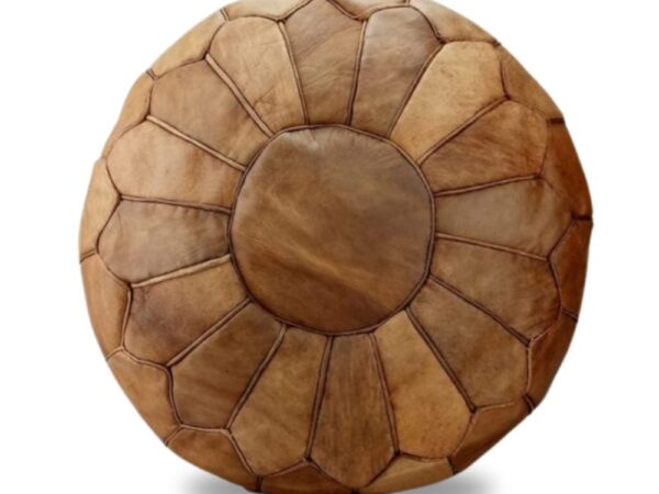 Handcrafted Moroccan Round Leather Pouf – Light Brown (21″ × 16″)