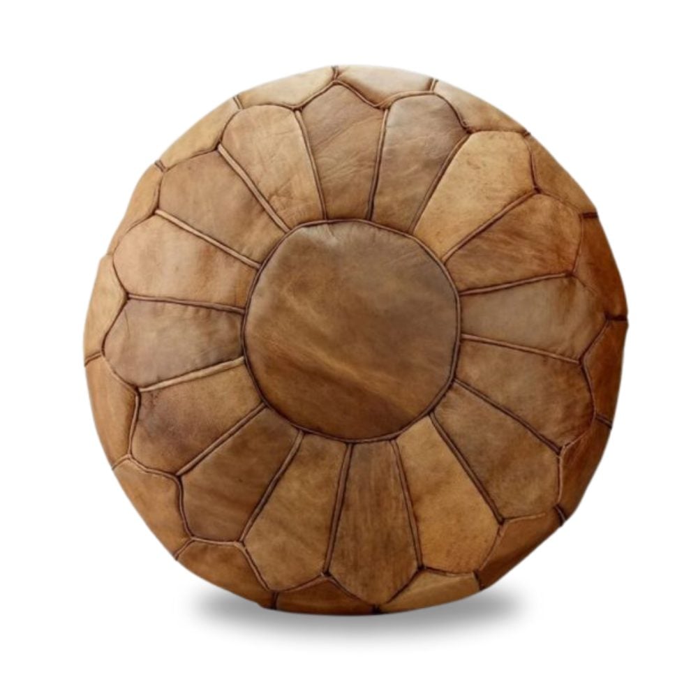 Handmade-Moroccan-Round-Ottoman-Pouf-in-Light-Brown-Genuine-Leather-1.jpg Handcrafted Moroccan Round Leather Pouf – Light Brown (21″ × 16″)