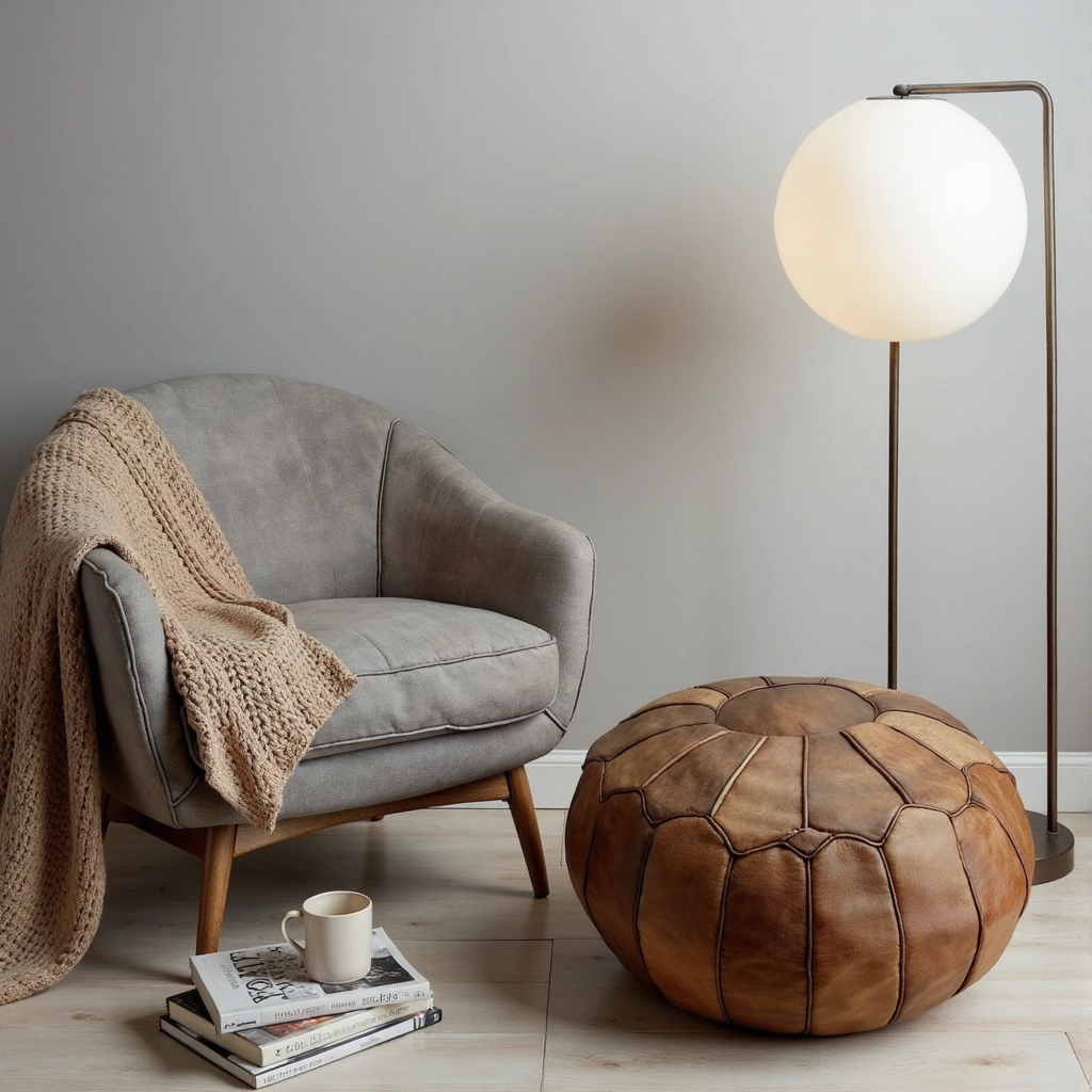 Handmade-Moroccan-Round-Ottoman-Pouf-in-Light-Brown-Genuine-Leather-3.webp Handcrafted Moroccan Round Leather Pouf – Light Brown (21″ × 16″)