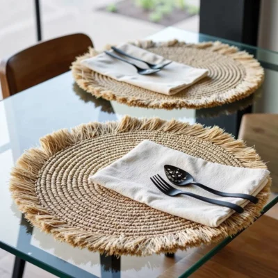 Handmade-Raffia-Round-Tassel-Placemats-with-Fringes-1.webp Handmade Raffia Round Tassel Placemats with Fringes – Boho Moroccan Straw Table Mats (15″ Diameter)