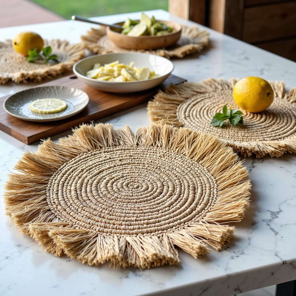 Handmade-Raffia-Round-Tassel-Placemats-with-Fringes-3.webp Handmade Raffia Round Tassel Placemats with Fringes – Boho Moroccan Straw Table Mats (15″ Diameter)