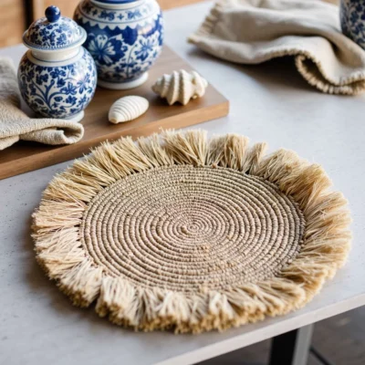 Handmade-Raffia-Round-Tassel-Placemats-with-Fringes-4.webp Handmade Raffia Round Tassel Placemats with Fringes – Boho Moroccan Straw Table Mats (15″ Diameter)