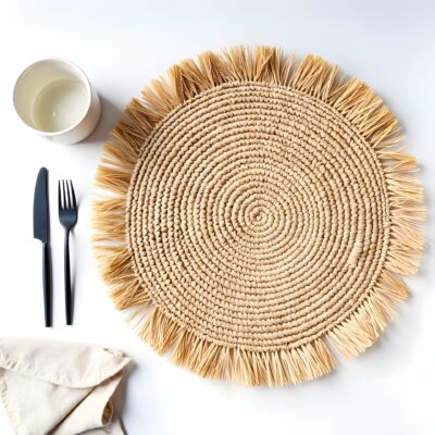 Handmade-Raffia-Round-Tassel-Placemats-with-Fringes-7.jpg Handmade Raffia Round Tassel Placemats with Fringes – Boho Moroccan Straw Table Mats (15″ Diameter)