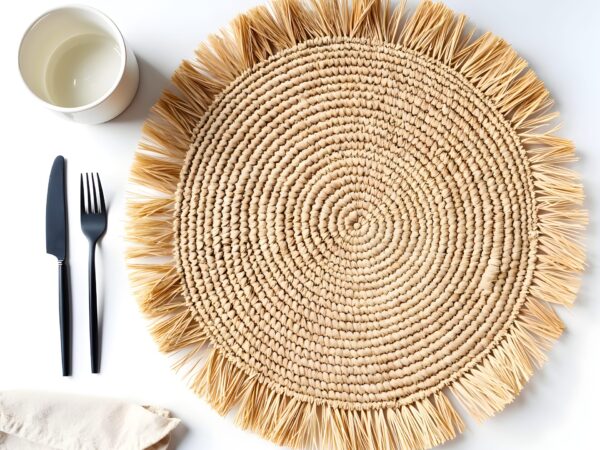 Handmade Raffia Round Tassel Placemats with Fringes – Boho Moroccan Straw Table Mats (15″ Diameter)