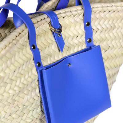 Digital Blue Basket – Handwoven Doum & Leather Summer Tote