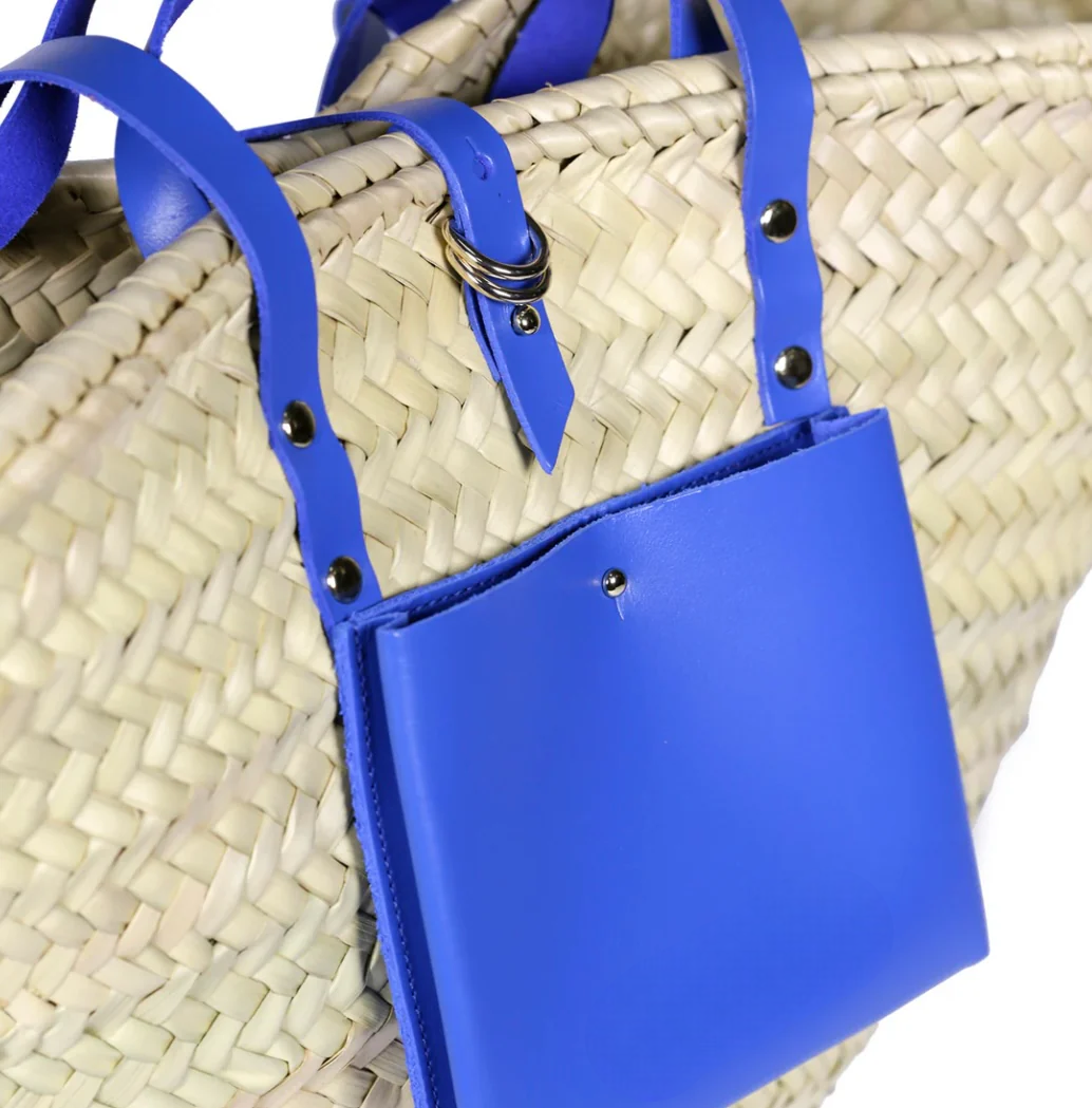 Digital Blue Basket – Handwoven Doum & Leather Summer Tote