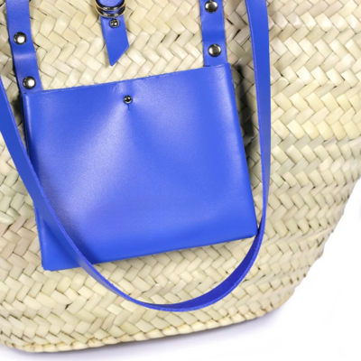 Digital Blue Basket – Handwoven Doum & Leather Summer Tote