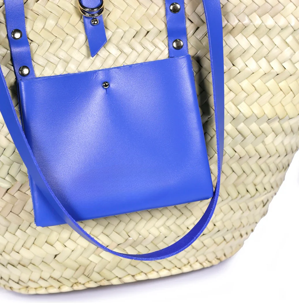 Digital Blue Basket – Handwoven Doum & Leather Summer Tote
