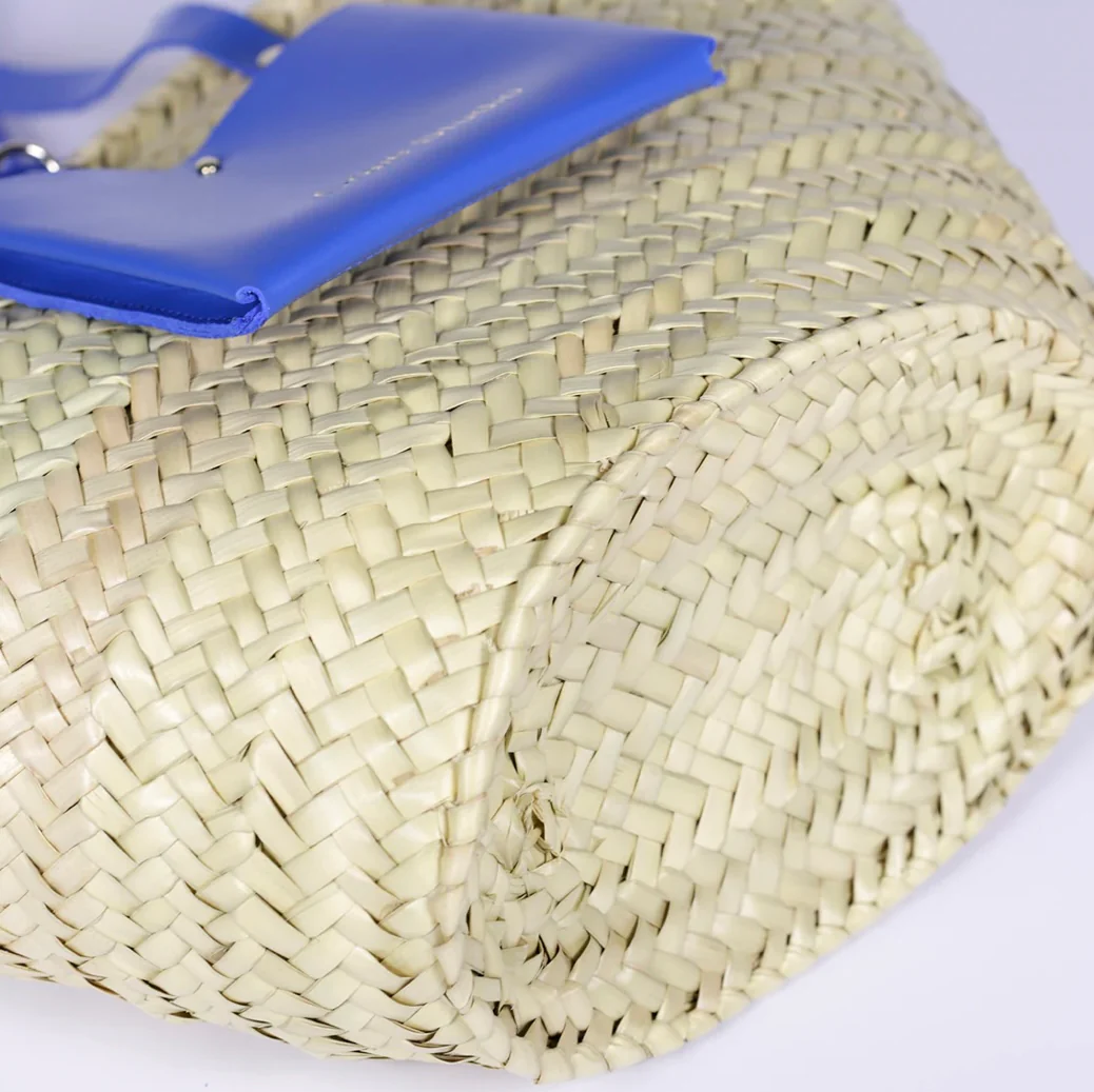 Digital Blue Basket – Handwoven Doum & Leather Summer Tote