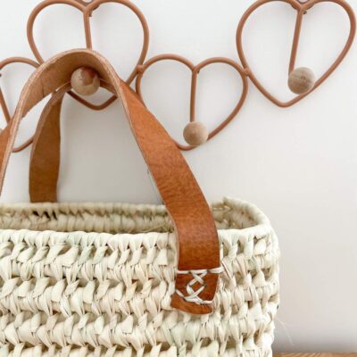 Small Handwoven Palm Leaf Basket with Leather Handles | 19x15x10 cm | Rectangular Storage Basket