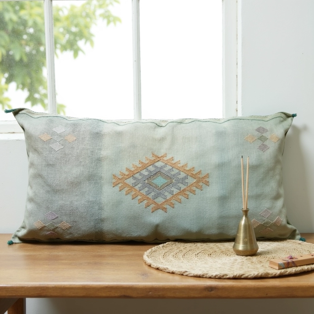 Light Green – Large Handwoven Moroccan Cactus Silk Pillow Cover with Diamond Motif (36″ × 16″)
