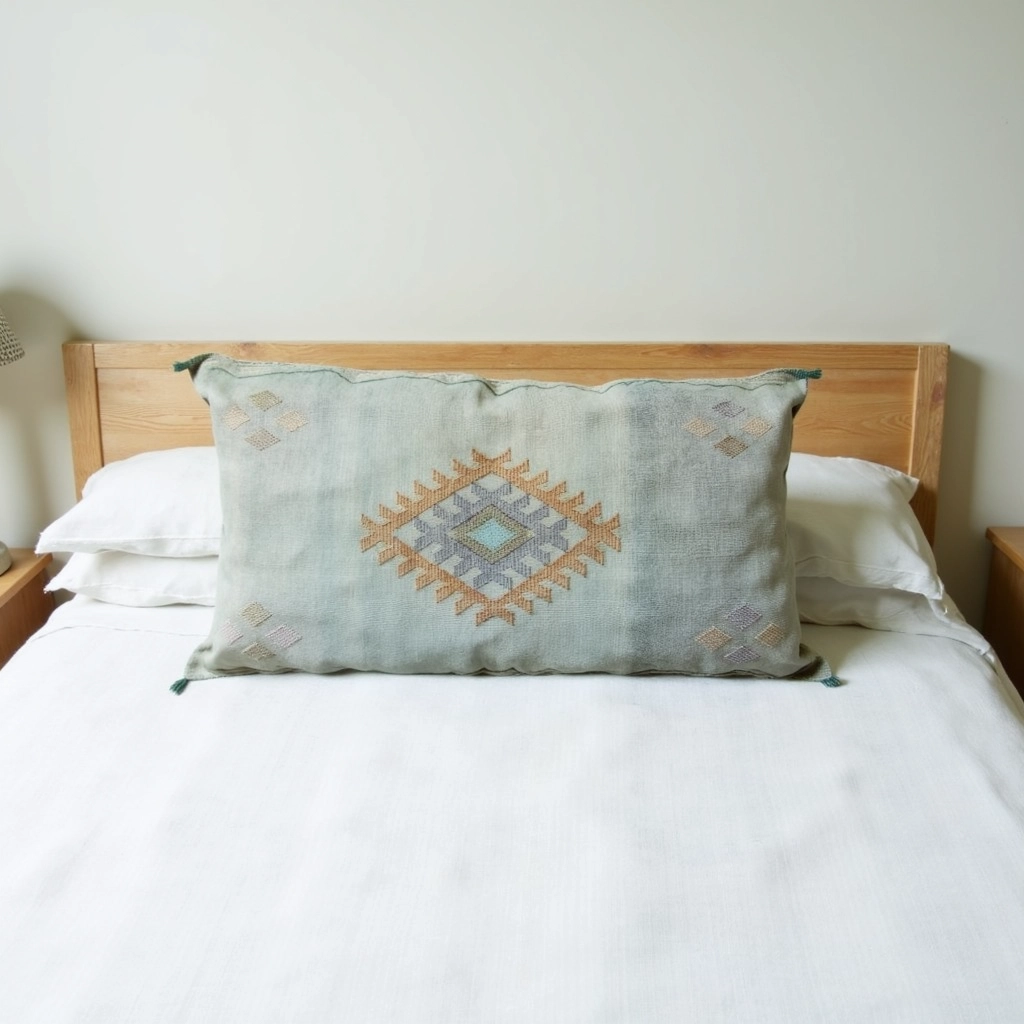 Light Green – Large Handwoven Moroccan Cactus Silk Pillow Cover with Diamond Motif (36″ × 16″)