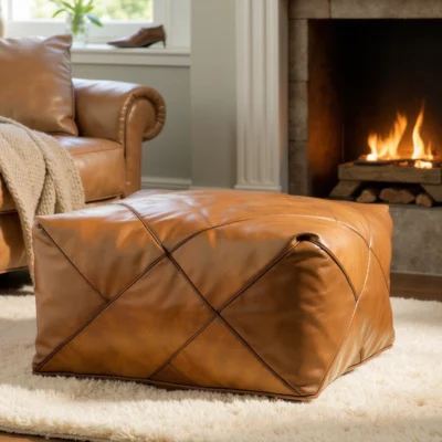Modern Square Leather Pouf – Handcrafted Moroccan Ottoman with Diamond Stitching (Custom Sizes)