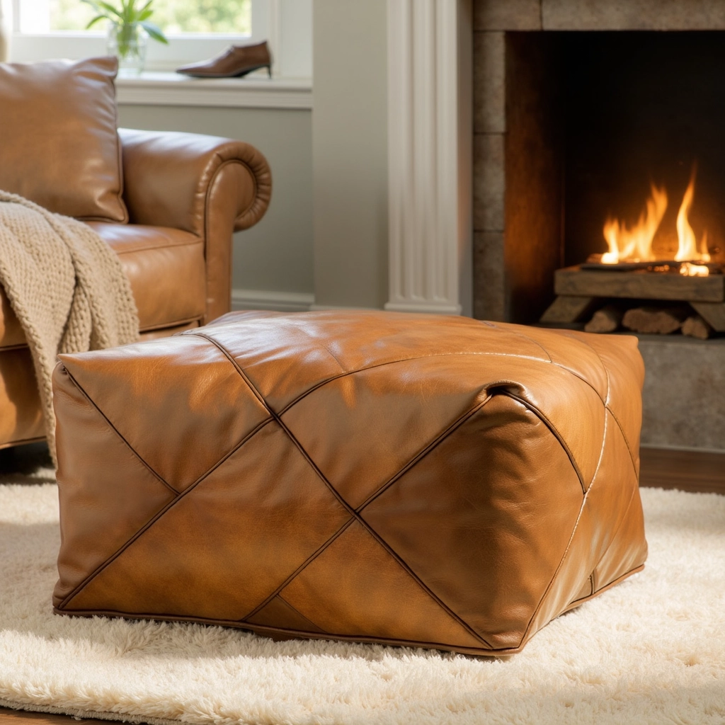 Modern Square Leather Pouf – Handcrafted Moroccan Ottoman with Diamond Stitching (Custom Sizes)