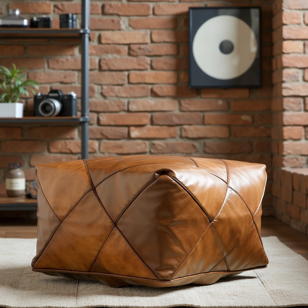 Modern Square Leather Pouf – Handcrafted Moroccan Ottoman with Diamond Stitching (Custom Sizes)