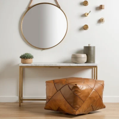 Modern Square Leather Pouf – Handcrafted Moroccan Ottoman with Diamond Stitching (Custom Sizes)