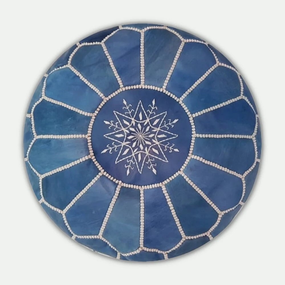Set of 4 Moroccan Leather Poufs – Handcrafted Ottomans in Blue, Brown, Green